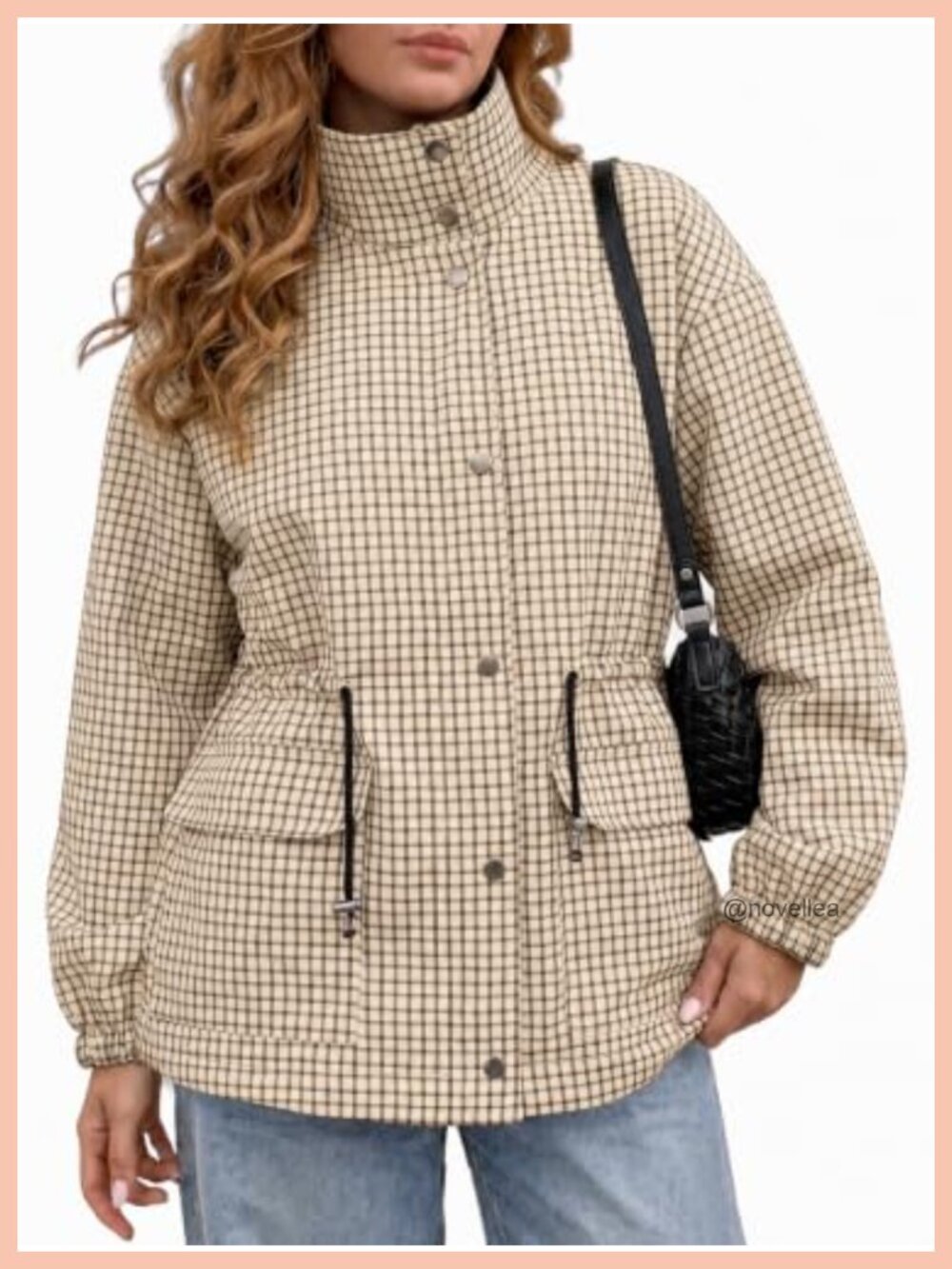 Womens Plaid Zip Up Jacket Windproof Trench Coat Loose Fit